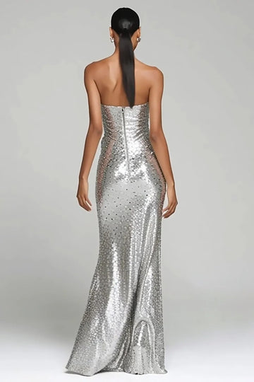 Glittrande Silver Axelbandslös Fodral Holiday Party Klänning Med Slits